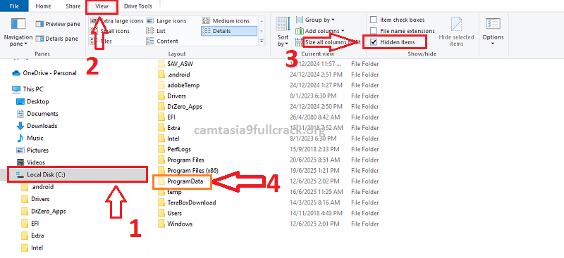 Mở ổ C: > tab View > Hidden items, để hiện “ProgramData”