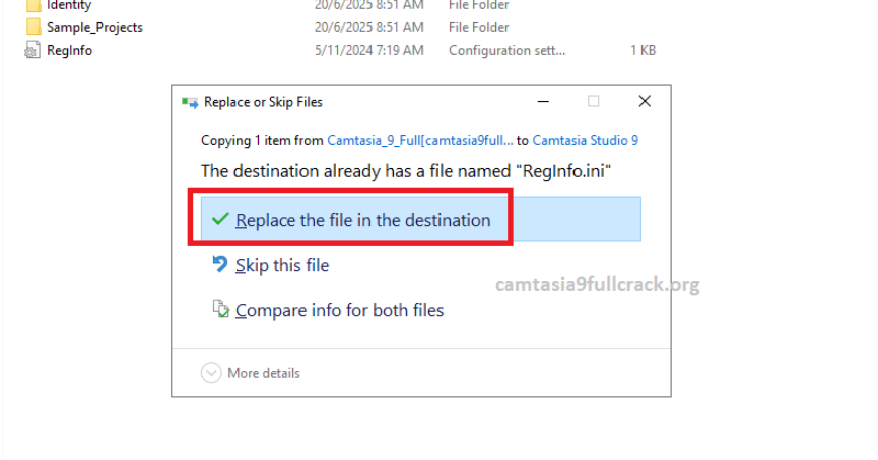 Chọn “Replace the file in the destination” để ghi đè lên file