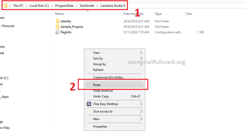 Paste file RegInfo vào C:\ProgramData\TechSmith\Camtasia Studio 9
