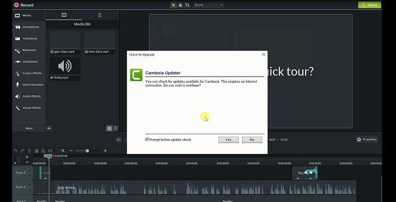 Khởi động Camtasia 9 và tắt thông báo cập nhật