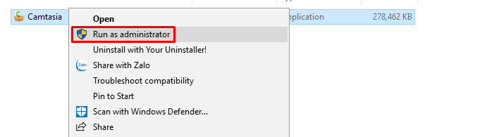 Chạy file Camtasia với quyền quản trị viên