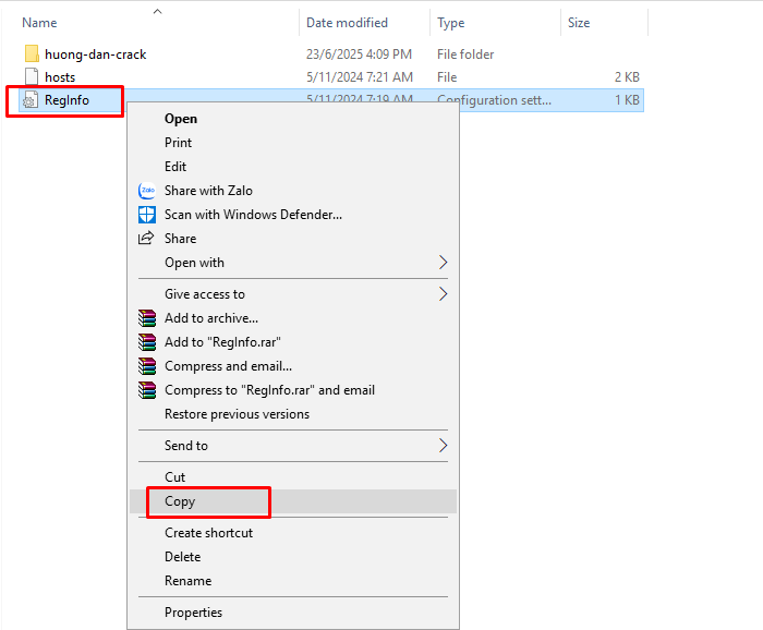 Quay trở lại thư mục cài đặt, Copy file RegInfo